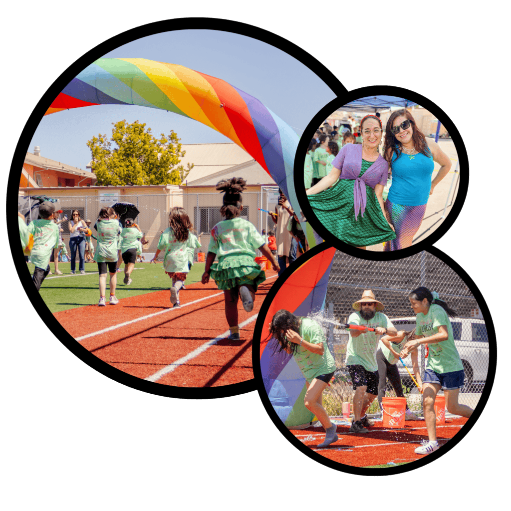 Three photo circles with pictures of language academy students running during jog-a-thon and teachers posing near the splash tower.