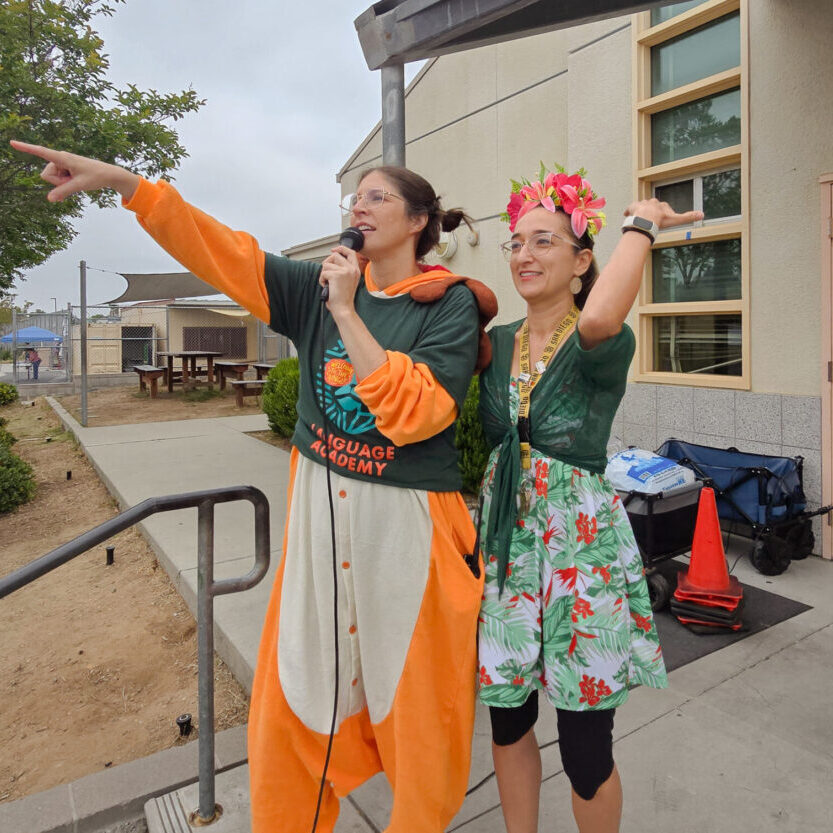 Principal Cannon and Ms. Rodgers address the school during Jog-a-thon.